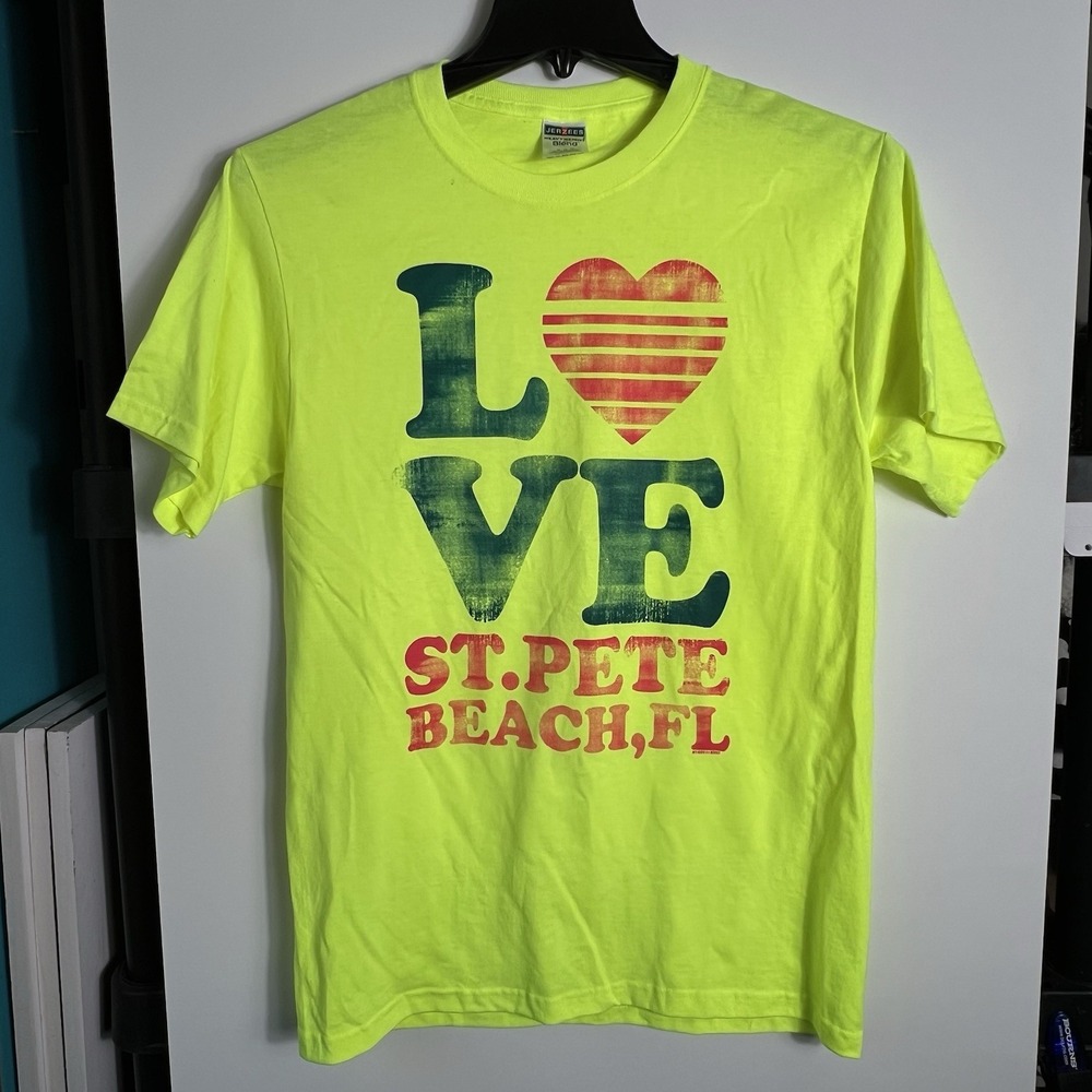 Jerzees Women's Medium Neon Yellow LOVE‎ St. Pete Beach FL Graphic Tee Excellent